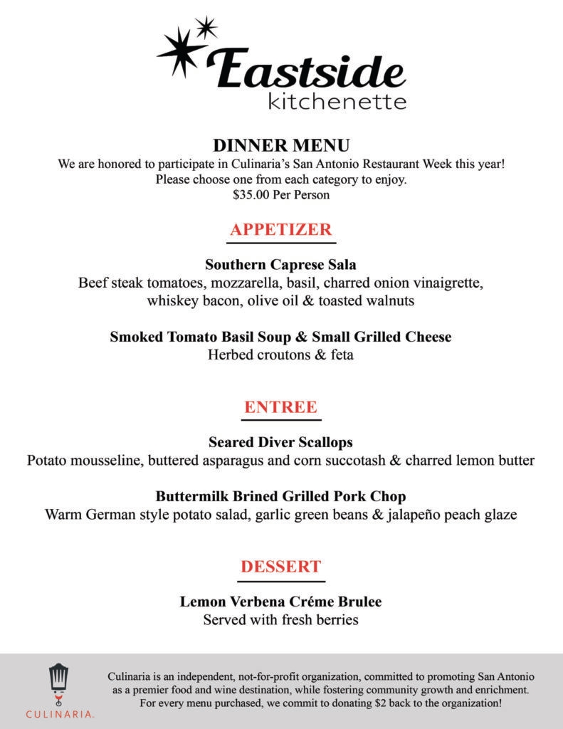 Eastside Kitchenette San Antonio Restaurant Week 2020 Dinner Menu