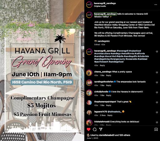 Screenshot of Instagram Post for Grand Opening of Havana Grill